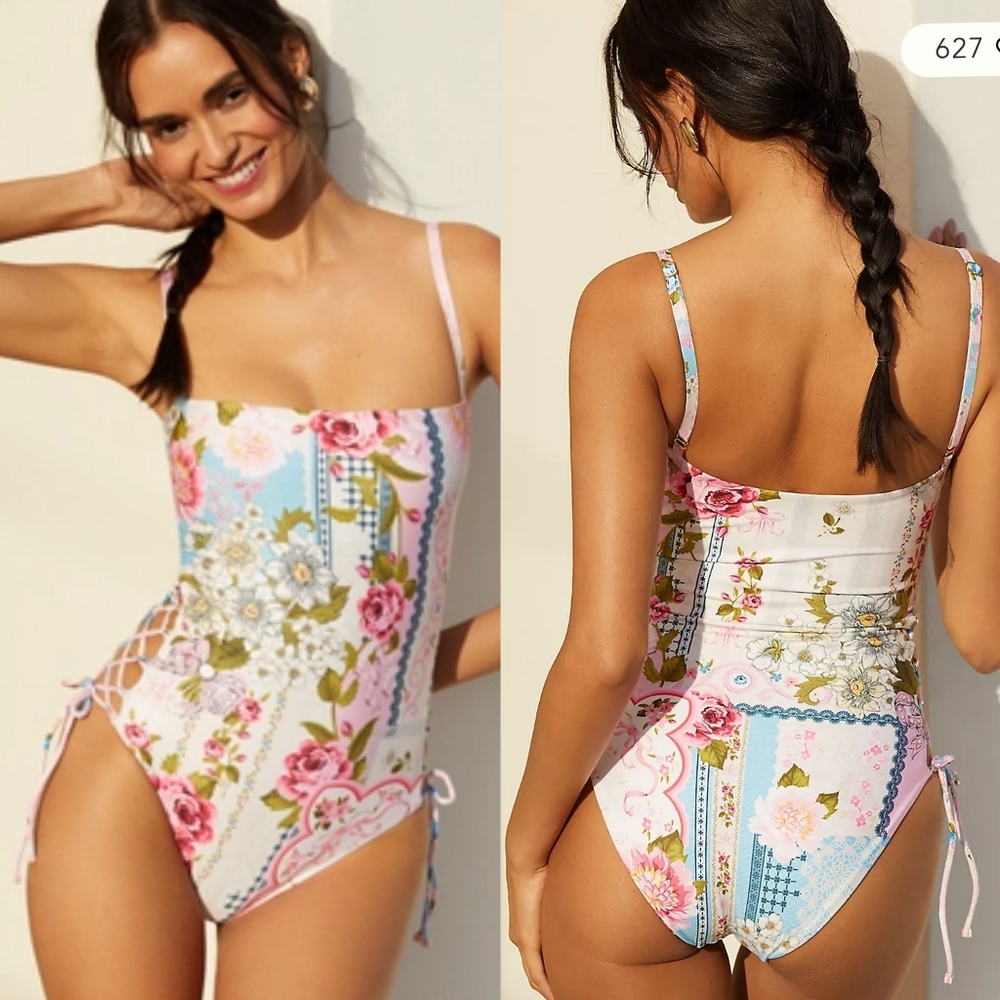 Agua Bendita Floral Patchwork One-Piece Swimsuit — Pink, Blue, White, Green